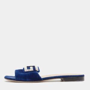 Gucci Blue Velvet Crystal Embellished Flat Slides Size 39     