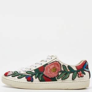 Gucci White Leather Floral Embroidered Ace Sneakers Size 35