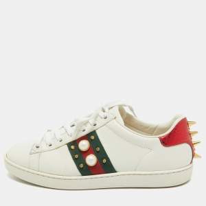 Gucci White Leather Faux Pearl Embellished Ace Lace Up  Sneakers Size 35