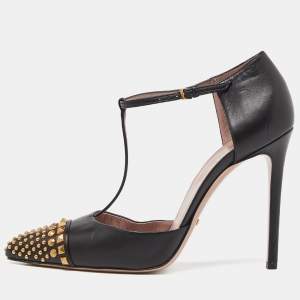 Gucci Black Studded Leather Coline T Strap Pumps Size 39