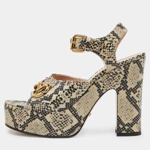 Gucci Beige/Black Python Embossed Leather Horsebit Platform Ankle Strap Sandals 40