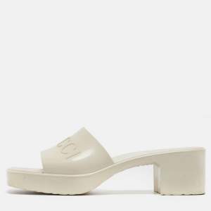 Gucci White Rubber Embossed Logo Block Heel Slide Sandals Size 40