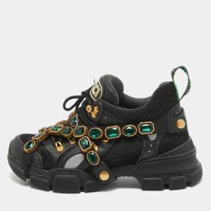 Gucci Black/Grey Leather And Mesh Flashtrek Removable Crystals Sneaker Size 38.5