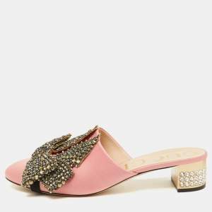 Gucci Pink Satin Crystal Embellished Bow Mules Size 41.5