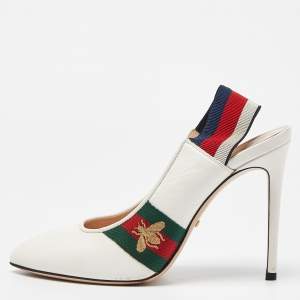 Gucci White Leather Sylvie Web Pointed Toe Slingback Pumps Size 39