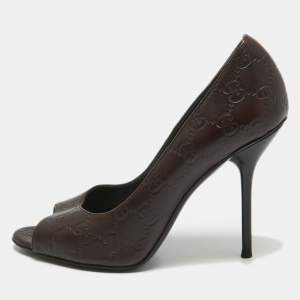Pre Owned Gucci Dark Brown Guccissima Leather Open Toe Pumps Size 38.5