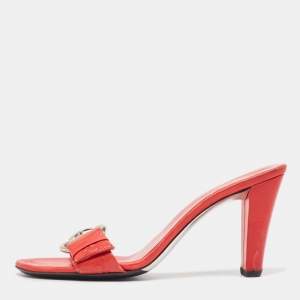 Gucci Red Monogram Leather Buckle Detail Slide Sandals Size 37.5