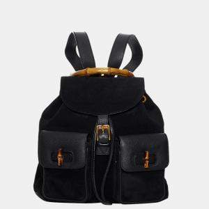 Gucci Black Bamboo Suede Drawstring Backpack