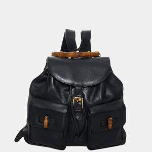 Gucci Black Bamboo Drawstring Leather Backpack