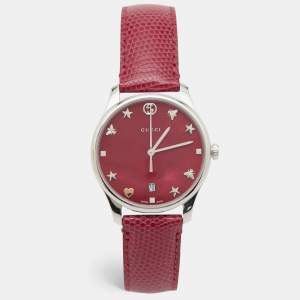 Gucci Red Mother Of Pearl Stainless Steel Lizard Skin Leather G-Timeless 126.4 Women's Wristwatch 36 mm