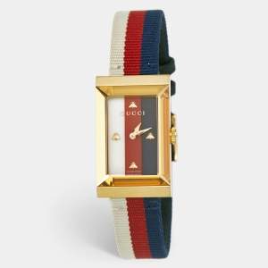 Gucci White Mother Of Pearl Striped Gold Tone Stainless Steel Canvas G-Frame 147.4 Women's Wristwatch 21 mm