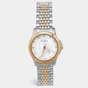 Pre Owned Gucci Mother of Pearl Two-Tone Stainless Steel Diamonds G-Timeless YA126513 Women's Wristwatch 27 mm