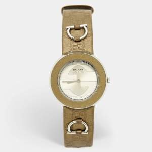 Pre Owned Gucci Silver Dial Stainless Steel Leather U-Play 129.4 Women's Wristwatch 35 mm