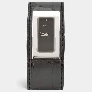 مملوكة مسبقًا ساعة يد نسائية غوتشي 7800 سلسلة وجه أسود ستانلس ستيل جلد تمساح 18 مم
