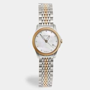 Pre Owned Gucci G-Timeless YA126513 Mother Of Pearl Dial Diamond Two Tone Stainless Steel Diamond Women's Wristwatch 27 mm