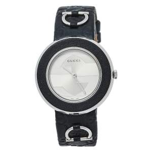Gucci Silver Stainless Steel Leather U-Play 129.4 Women's Wristwatch 35 mm