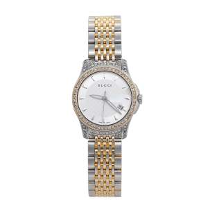 Gucci Silver Diamonds Two-Tone Stainless Steel G-Timeless 126.5 Women's Wristwatch 27 mm