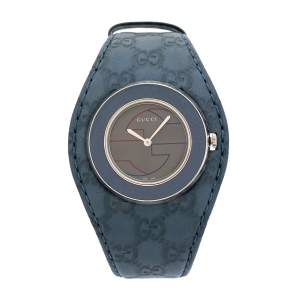 Gucci Silver Stainless Steel Leather U-Play YA129427 Women's Wristwatch 35 mm