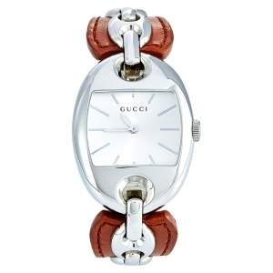 Gucci Silver Stainless Steel Marina Chain Leather YA121309 Women's Wristwatch 32 mm