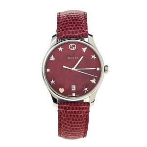 Gucci Red Mother Of Pearl Stainless Steel Lizard Skin Leather G-Timeless 126.4 Women's Wristwatch 36 mm
