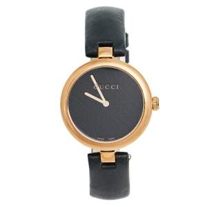 Gucci Black Rose Gold Plated Stainless Steel Leather Diamantissima 141.4 Women's Wristwatch 32 mm