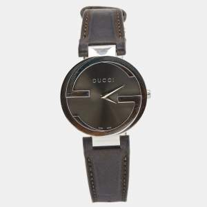 Gucci Grey Stainless Steel Leather Interlocking G 133.3 Women's Wristwatch 37 mm