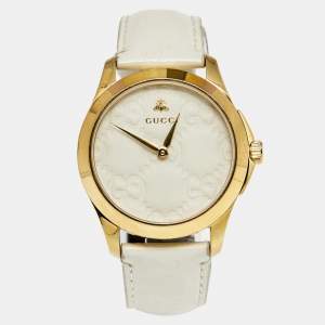 Gucci White Gold Plated Stainless Steel Leather G-Timeless 126.4 Women's Wristwatch 38 mm