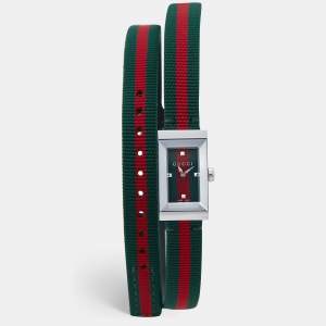  Gucci Green Red Stainless Steel Canvas Leather G-Frame YA147503 Women's Wristwatch 14 mm