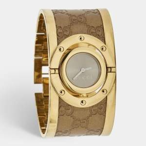 Gucci Brown Two Tone Stainless Steel Leather Twirl YA112434 Women's Wristwatch 33 mm