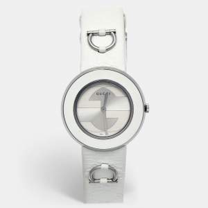 Gucci Silver Stainless Steel Leather U-Play 129.4 Women's Wristwatch 35 mm