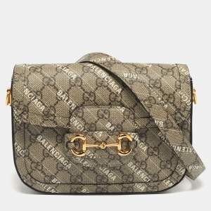 Pre Owned Gucci x Balenciaga Beige/Ebony GG Supreme Canvas Small Horsebit 1955 Shoulder Bag