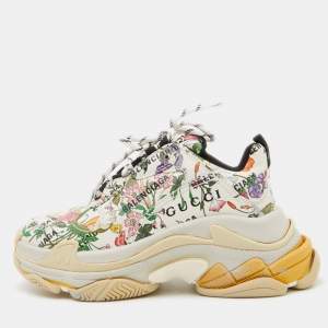 Gucci x Balenciaga Cream Floral Print Leather The Hacker Project Triple S Sneakers Size 36