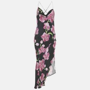 Haney Black Floral Print Silk Cowl Neck Slip Dress M