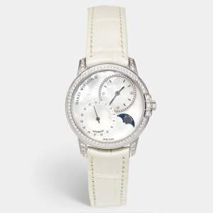 Pre Owned Harry Winston Midnight Date Moon Phase MIDAMP36WW001 Mother Of Pearl Diamond 18K White Gold Alligator Leather Women's Wristwatch 36 mm