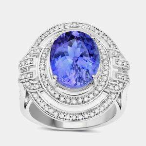 Pre Owned 6.22 cts Tanzanite and Diamond 14K White Gold Halo Ring US Size 7
