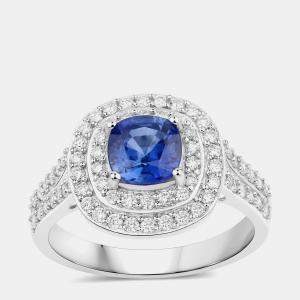 Pre Owned خاتم هالو من الياقوت الأزرق والألماس بوزن 1.28 قيراط من الذهب الأبيض عيار 18 ومقاس أمريكي 7