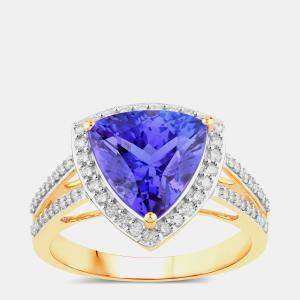 مملوكة مسبقًا 3.72 cts Trillion Tanzanite and Round Diamond 14K Yellow Gold Halo Ring US Size 7