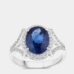 مملوكة مسبقًا 3.38 cts Ceylon Blue Sapphire and Diamond 18K White Gold Promise Ring US Size 7