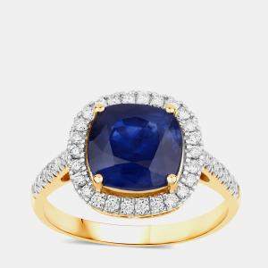 مملوكة مسبقًا 3.38 cts Ceylon Blue Sapphire and Diamond 18K Yellow Gold Halo Ring US Size 7