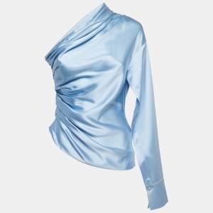 Hellessey Blue Silk Satin Ruched One Shoulder Paley Top M