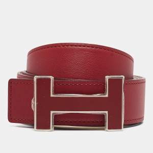 Hermès Rouge/Beton Swift and Epsom Leather Enamel Quizz H Buckle Belt 100 CM