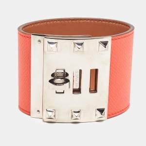 Pre Owned Hermes Kelly Dog Orange Leather Palladium Plated Bracelet