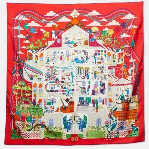 Hermes Red La Maison Des Carrés Silk Scarf