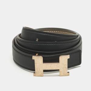 Pre Owned Hermes Etoupe/Noir Epsom and Swift Leather H Martelee Buckle Reversible Belt 85 CM