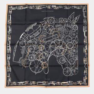 Pre Owned Hermes Carre Complication Equestre Size 90 Black/Abricot/White Silk100%