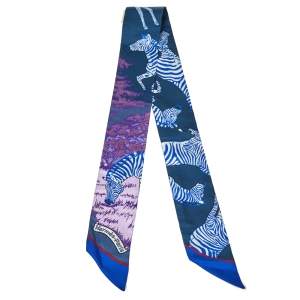 Pre Owned Hermès Bleu Roy Les Zebres Silk Twilly