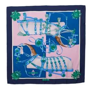 Pre Owned Hermes Marine Blue Harnais De Cour Silk Scarf