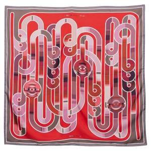 Pre Owned Hermes Red & Rouge Melodie Chromatique Silk Scarf