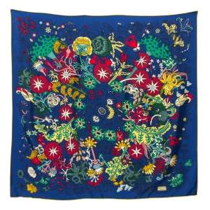 Pre Owned Hermes Dark Blue Cache Cache Fleuri Silk Square Scarf