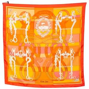Hermes Della Cavalleria Orange Printed Silk Pocket Square